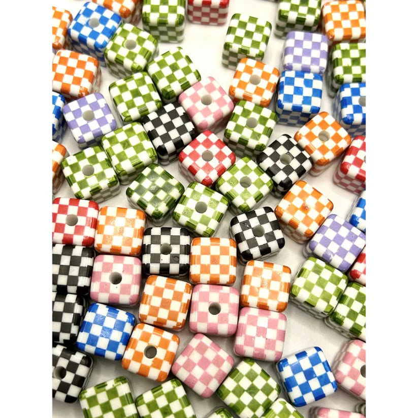 Printed Cube Acrylic Beads Checkerboard Pattern 16mm